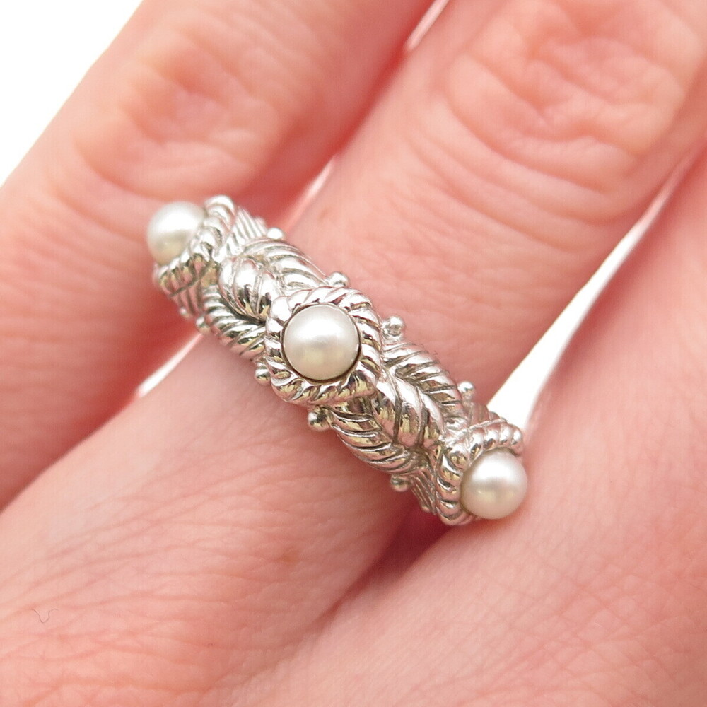 Judith Ripka 925 Sterling Silver Vintage Real Pearl Station Ring Size 6